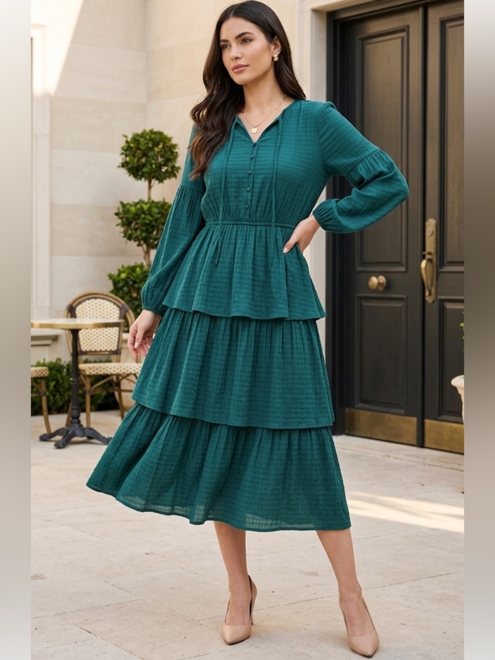 Sweet Salt Tiered Teal Dress XS Midi Textured Modest Emerald Green
